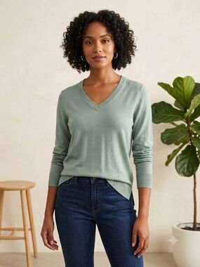 NWT Style & Co V-Neck Sweater Sage Green M Long Sleeve Rayon Preppy Minimalist